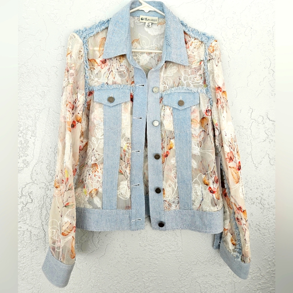 Nwt Go Fish Womens XS Lightweight Womens Sheer Denim Summer Spring Jacket Floral